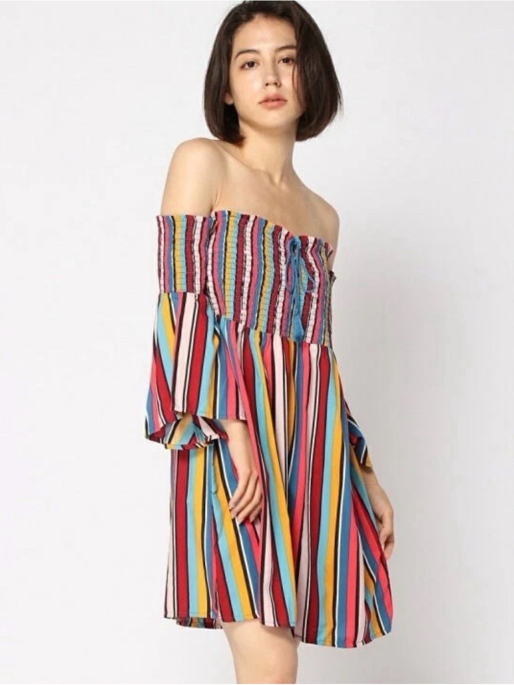 NWT Guess Boho Striped Off Shoulder Mini Dress Sz S Flared Sleeves Feminine